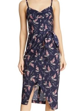 Rebecca Taylor Navy Floral Tie-Detail Spaghetti Strap Midi Dress